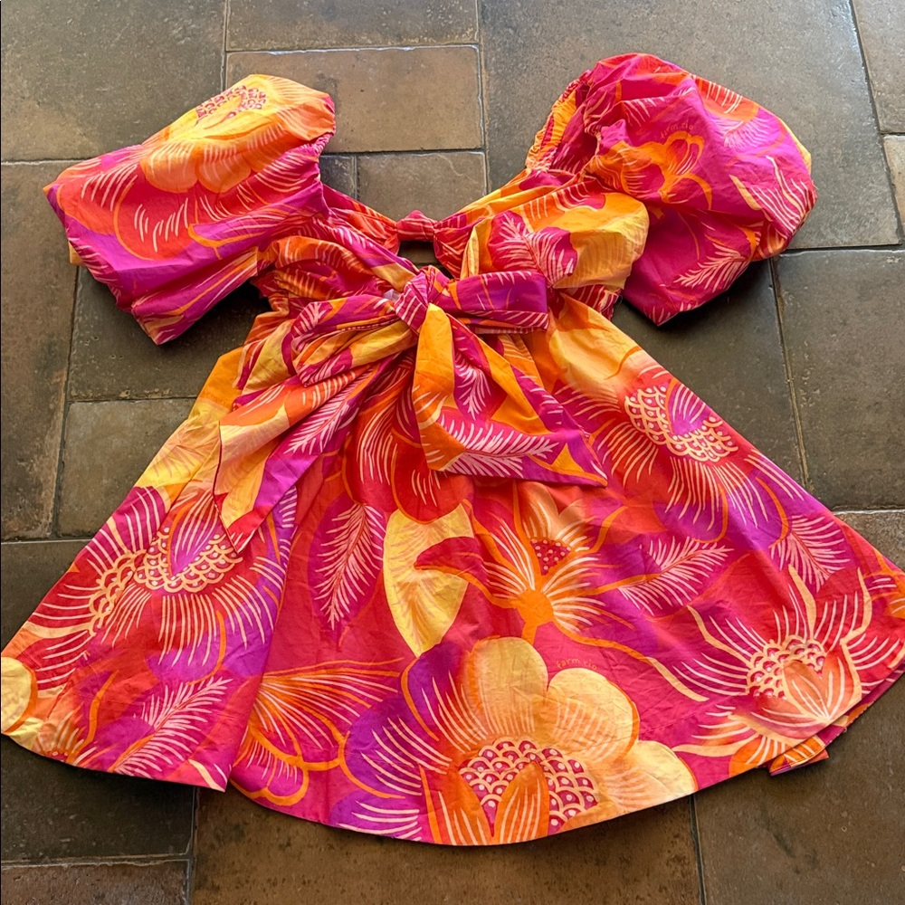 Farm Rio Ombré  Mini Dress Garden Puff Sleeve Orange Yellow Tie Back Bohemian L - Picture 6 of 14
